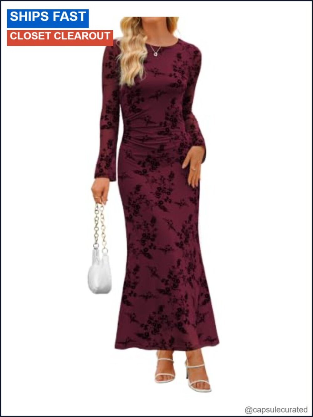 Women's Long Sleeve Bodycon Maxi Dress Ruched Crew Neck Formal